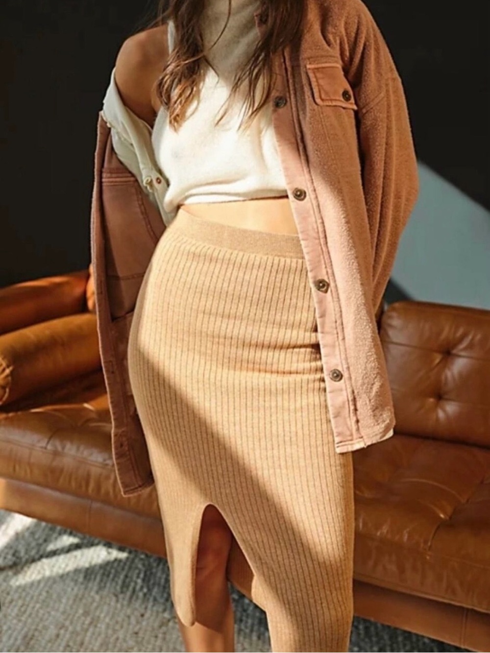 Free People Ribbed Skyline Knit Midi Skirt Camel Tan/Brown Sz XS